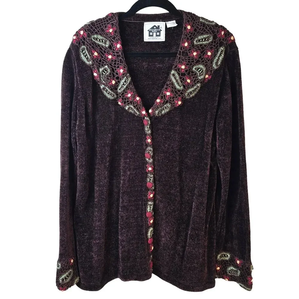 Storybook Knits Sweater Women's 1X Brown Chenille Green Red Floral Crochet
